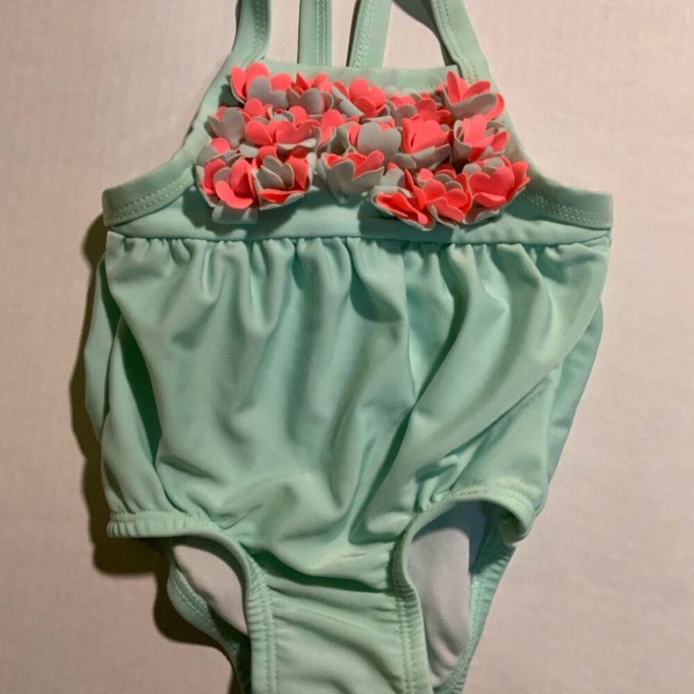 Cat & Jack Baby Girls 3-6 months Aqua Coral Floral Flower One Piece Swimsuit